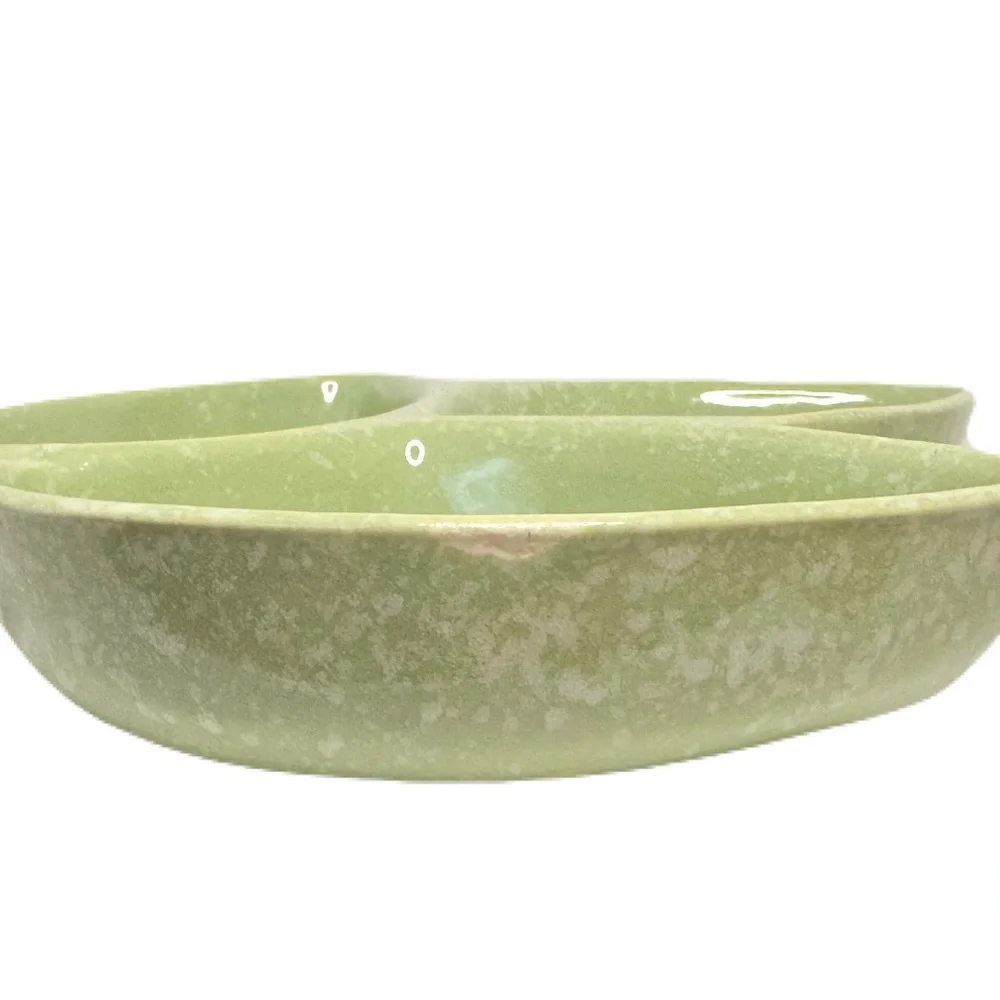 Hull Pottery #31 Vintage Green Yellow 3 Leaf Relish Dip Candy Tray Bowl Dish